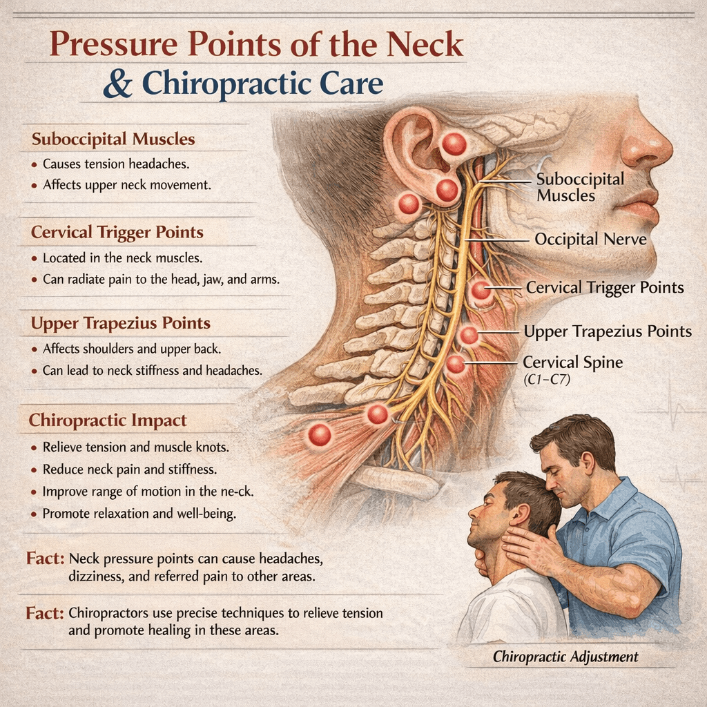 Image illustrating the human neck with facts and charts about muscle tension